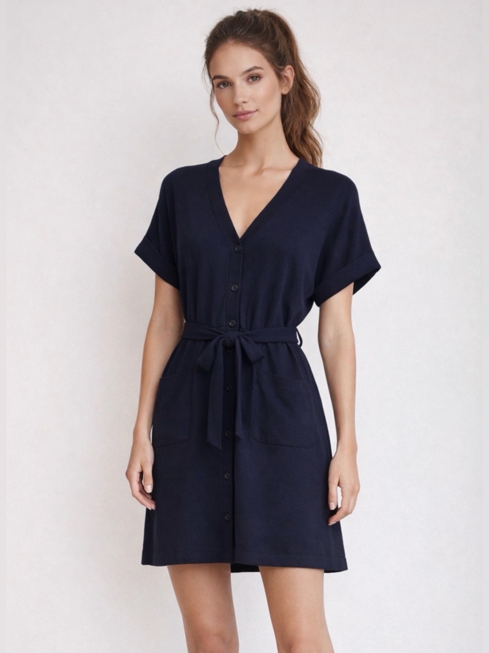 Frank And Oak Navy Blue Belted Button Front Mini Dress